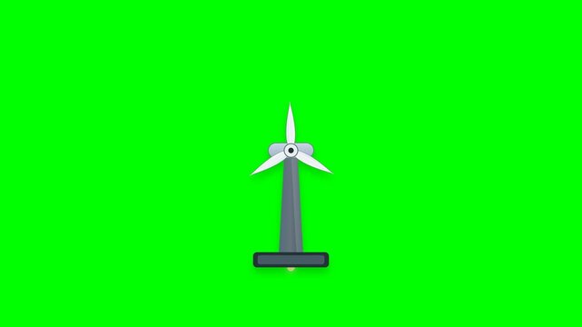 Modern 2.5D wind turbine icon animation showing clean electricity generation with precise proportions, smooth clockwise rotor motion, and seamless looping on a pure green screen.