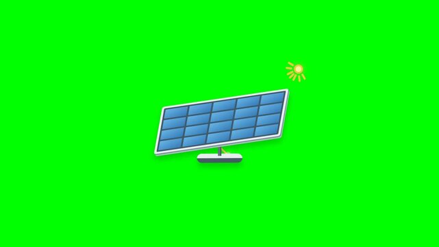 Modern 2.5D solar panel icon animation with precise proportions, clean geometry, subtle energy motion, and seamless looping on a pure green screen.