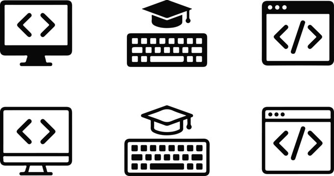 Flat icons set of coding, graduation, and computer with code symbols