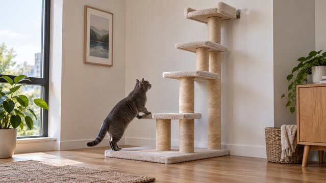 Gray cat reaching the lowest platform of an anchored climbing tower with higher levels available for indoor enrichment in an apartment corner