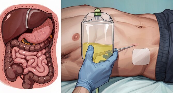Medical Illustration of Peritoneal Dialysis Procedure for Kidney Failure Treatment