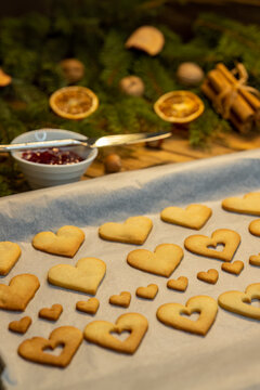 Christmas linzer cookies on the baking tray