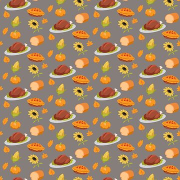 Cute Thanksgiving food seamless pattern on grey background
