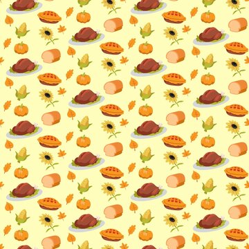 Cute Thanksgiving food seamless pattern on cream background