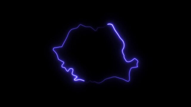 Romania map outline glowing neon light animation on black background