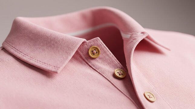 Pink polo shirt close-up with collar and buttons. Classic casual men's fashion apparel. Soft cotton fabric texture detail for clothing store, style, and wardrobe.