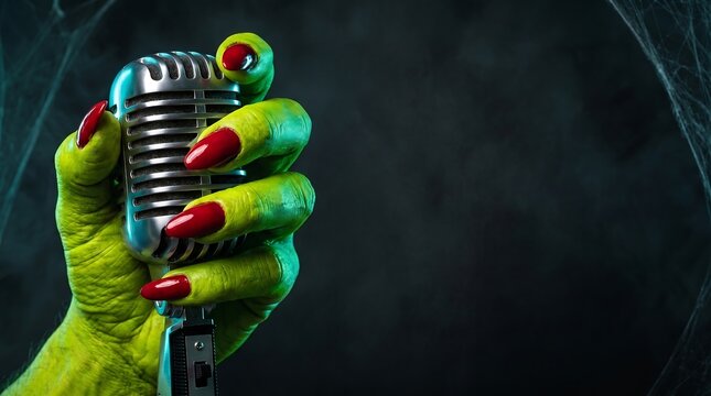 Green monster hand holding vintage microphone on dark spooky Halloween background