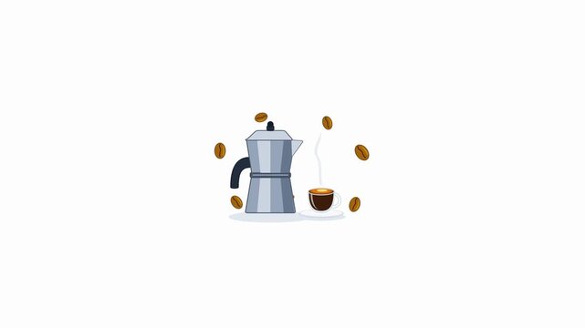 Animated moka pot brewing fresh espresso with floating coffee beans. 4K Video