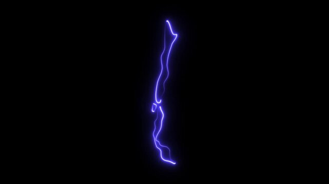 Glowing neon outline map of chile, animated digital country border, futuristic technology on black background