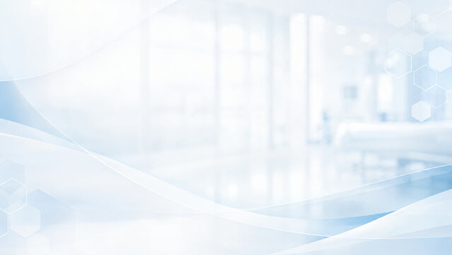 Soft white abstract background with blurred medical facility interior and hexagonal pattern blur clean contemporary