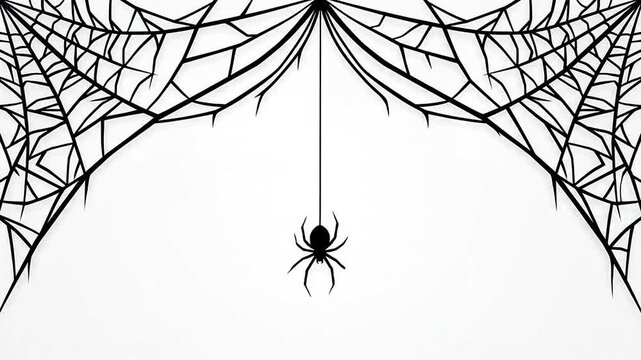 Black spider hanging from web animation on white background