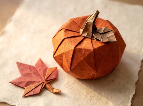 Origami orange pumpkin with metallic stem and maple leaf on textured beige paper represents autumn decorations for cozy seasonal harvest home displays.