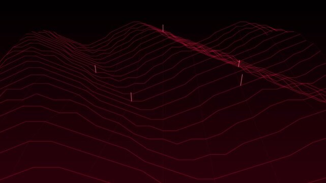 Abstract red wireframe digital landscape visualization showing data connectivity and complex geometric mountain terrain structures