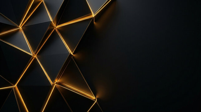 Abstract 3D background with matte black triangular shapes and glowing golden light along edges. Dark geometric architectural pattern with gold neon highlights and empty copy space.