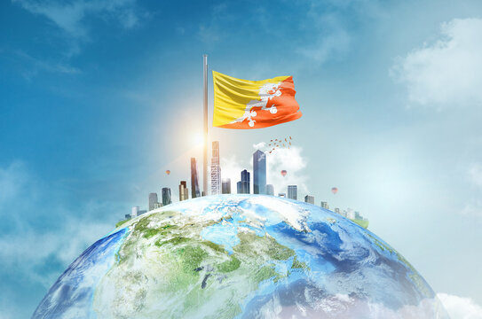 Bhutan flag waving on world with modern cityscape. Bhutan national flag for independence day.