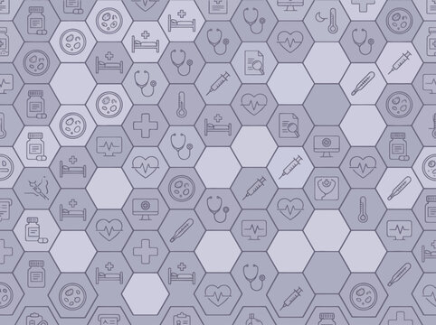 Medical healthcare pattern with outline icons on hexagonal background