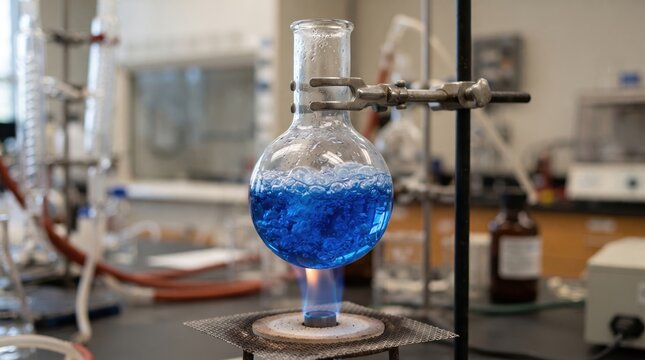 Blue liquid in glass laboratory flask on heated plate in chemistry lab