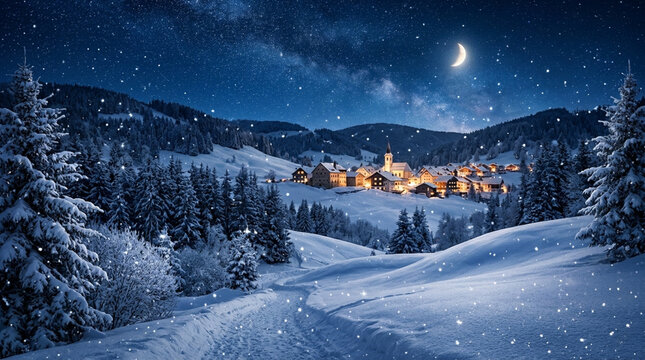 A snowy winter village nestled in the mountains under a starry night sky with a crescent moon and falling snow, featuring lit houses and snow-covered evergreen trees.