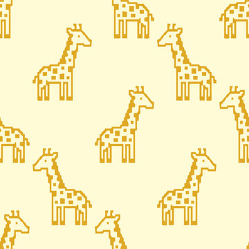 Cute pixel art giraffe seamless pattern background vector illustration