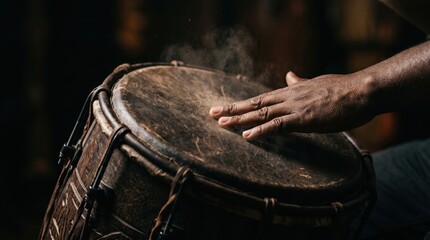 Obraz premium Hand playing traditional drum with smoke effect in dim lighting