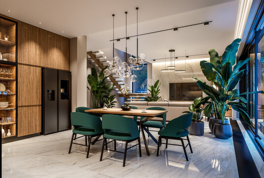 3D render of a luxury open-concept interior featuring a modern living room, dining area, floating staircase, marble accents, and panoramic windows with a pool view