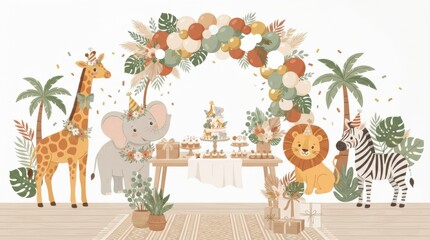 Fototapeta premium A lively baby shower celebration features an animal theme with decorations, a cake, and gifts for the expecting parents.