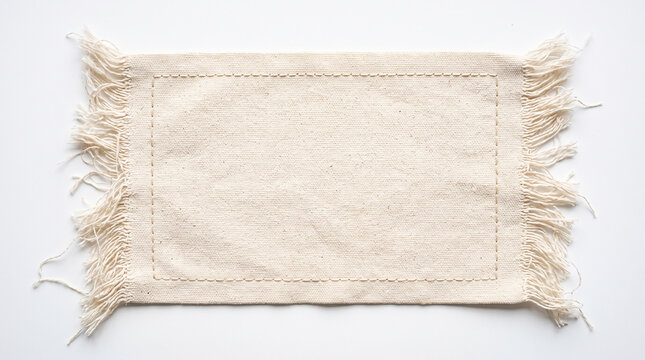 Natural linen placemat with fringe edges and decorative stitching isolated on white background