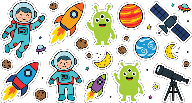 Cute outer space sticker set with astronauts and aliens, cartoon galaxy vector collection, colorful rocket ships and planets for kids