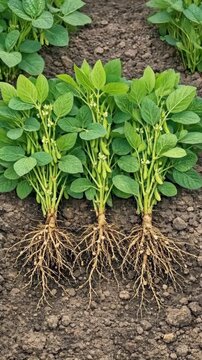 Soybean plants with visible roots and pods growing in farm soil