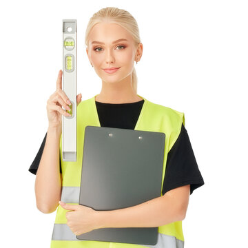 Cheerful female builder in yellow safety vest holding level tool and clipboard under arm isolated transparent background