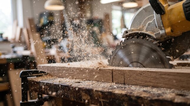 Circular saw cutting wood in workshop