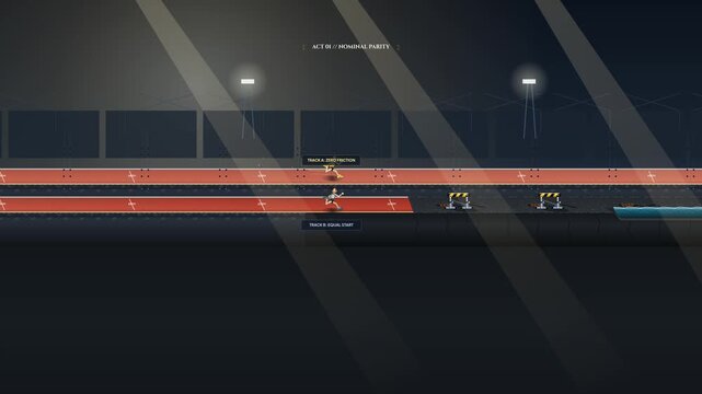 Social class inequality animation illustrating systemic disparity and structural barriers through an unfair running race where one track has obstacles highlighting the invisible wall of stratificatio