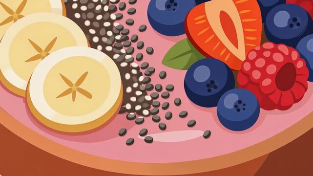 Illustrated overhead to tight zoom of a colorful acai smoothie bowl topped with banana slices, strawberries, blueberries and chia seeds with a wooden spoon