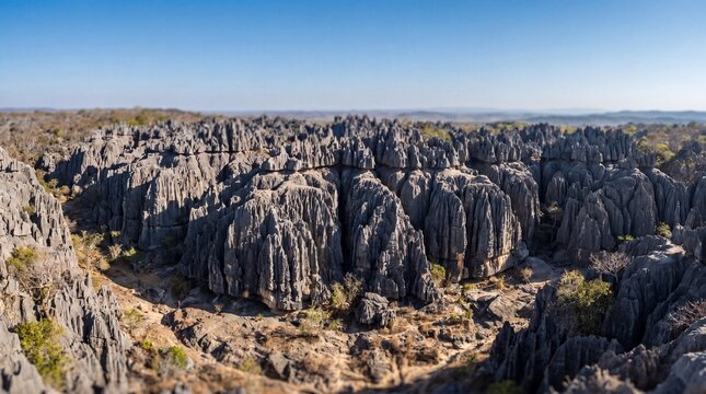 Aerial view of sharp limestone karst rock formation inside canyon valley
