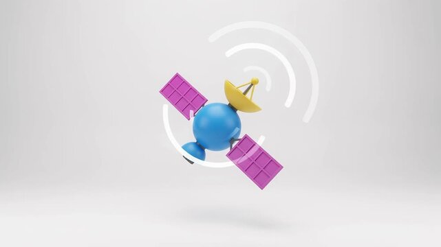 3D satellite icon with animated signal waves, minimalist technology concept for communication and data transmission