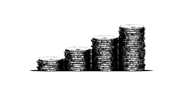 Monochrome black and white halftone coin stacks illustration on white background