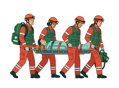Vector flat design ilustration of rescue team carrying injured patient on stretcher