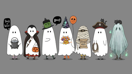 Obraz premium Happy halloween party greeting card with cute ghost and fancy hat. Holidays cartoon character. -Vector