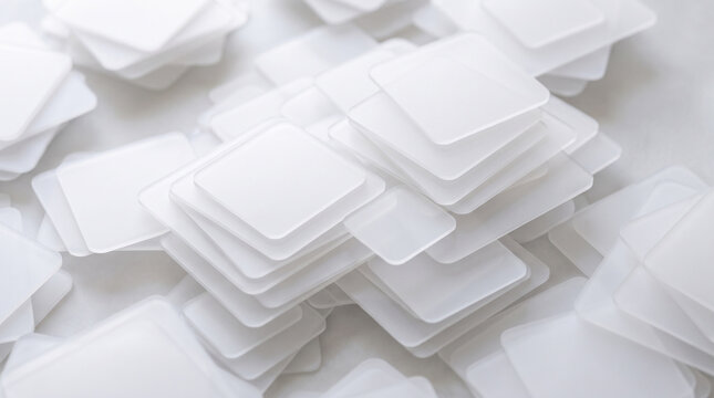 A pile of translucent square plastic tiles or frosted glass coasters scattered on a neutral surface