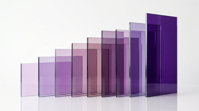 A row of glass panels with varying shades of purple and sizes arranged in ascending order isolated on white background