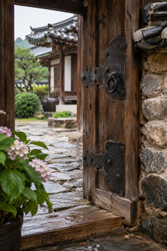 Weathered wooden gate hinges and adjacent stone masonry in a traditional Korean village