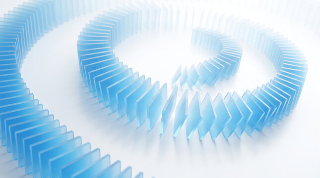 Abstract background with a spiral of blue glass dominoes arranged in a circular pattern isolated on white background