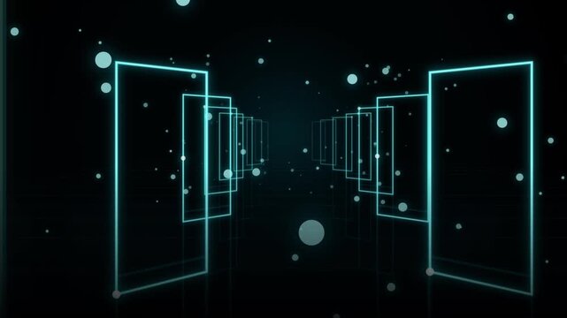 Futuristic glowing blue neon rectangle tunnel with floating particles on a dark reflective floor