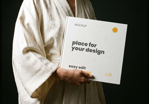 Person with Japanese Dress Holding Square book Cover Mockup