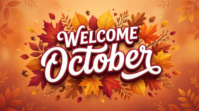 Welcome october text with vibrant autumn leaves, acorns, and berries on a warm orange background, perfect for fall seasonal greetings