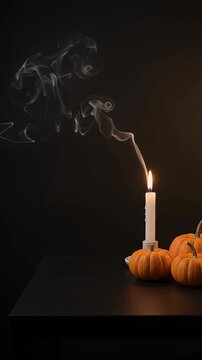 Candle Flame With Smoke and Pumpkins on Dark Surface - A lit white candle stands on a dark surface with several small pumpkins arranged around its base.
