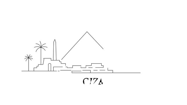 Simple line art depicts Giza's iconic landmarks