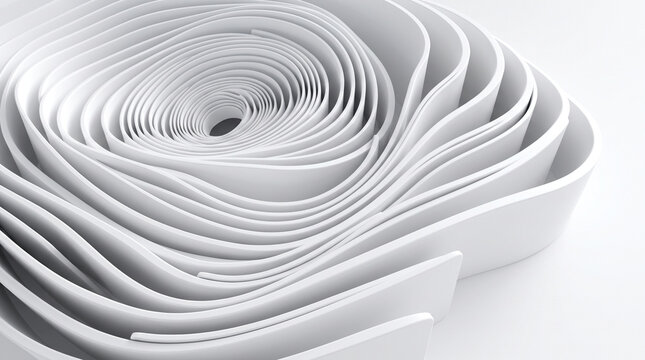 Abstract 3d render of white curved ribbons or paper strips arranged in a spiral pattern, creating a modern minimalist background design