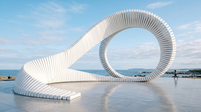 A large modern white public art sculpture shaped like an infinite loop curve against a blue sea background