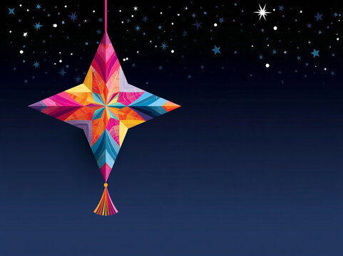 Colorful illustration of a Philippine Parol star lantern glowing against a dark night sky with stars. Traditional Filipino Christmas ornament greeting card background with copy space.